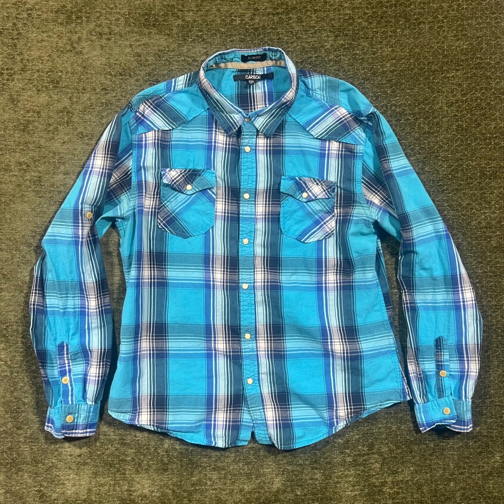 Carbon Button Down Shirt Mens XXL Blue Plaid Slim Fit Western Pearl Snap Long Sl
